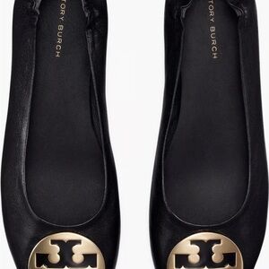 Tory Burch Black Leather Flats with Gold Logo